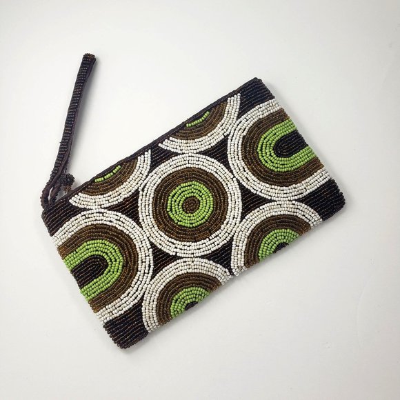 Vintage beaded zip clutch Retro brown, green, white circle motif handbag wallet - Picture 9 of 14